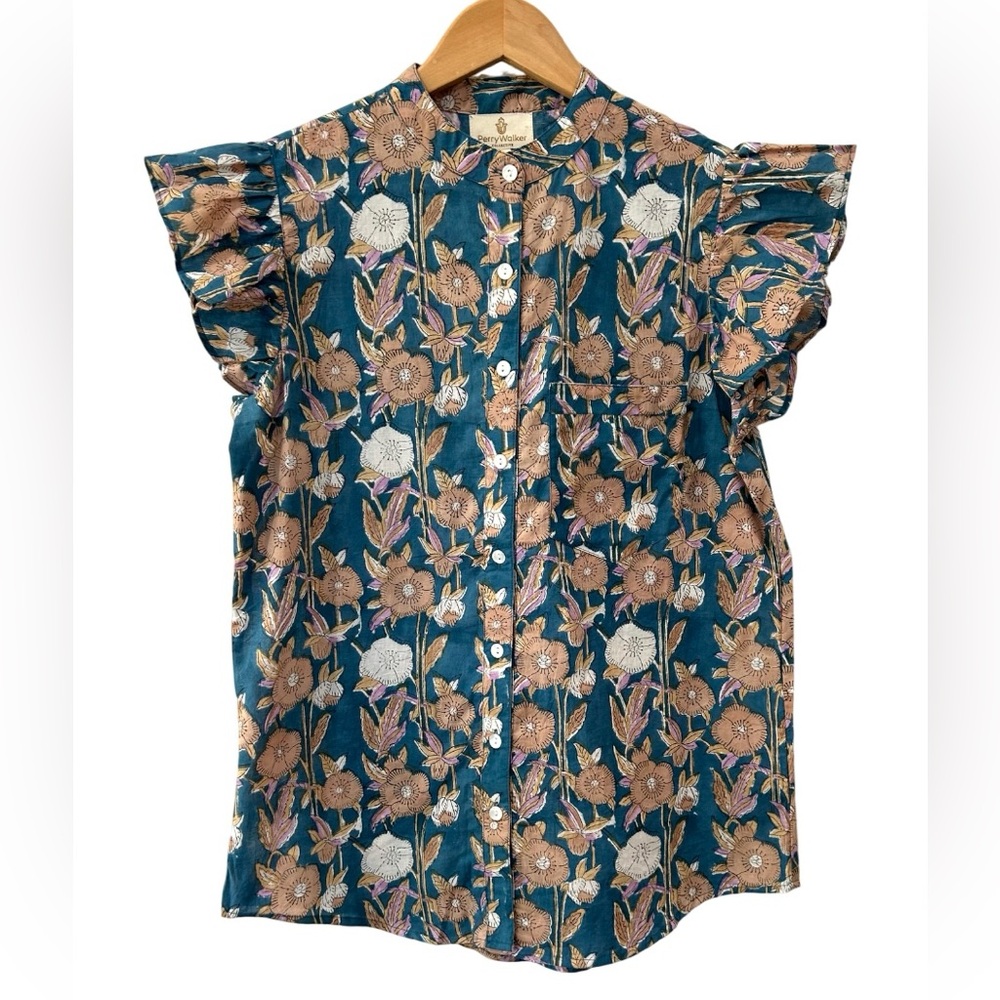 Perry Walker Collective women Celia top sz 2 M 6 teal cotton floral flutter NWT